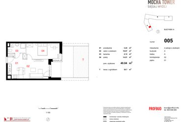 Rzut - Mieszkanie na sprzedaż 2 pokoje o powierzchni 40,04 m² - numer 005 w Osiedle Mocha Tower