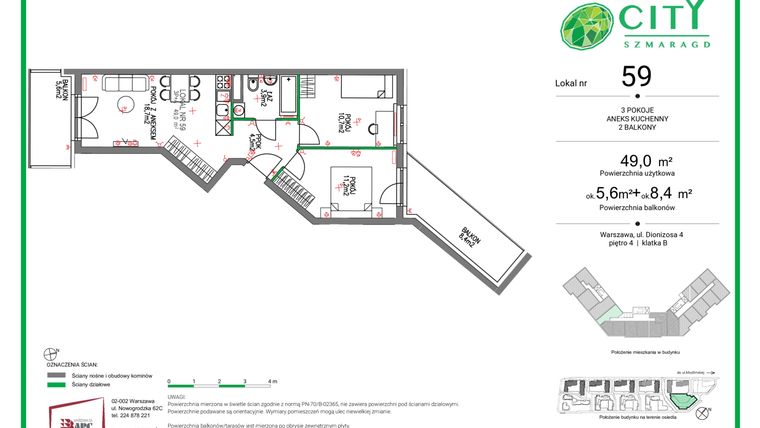 Rzut - Mieszkanie na sprzedaż 3 pokoje o powierzchni 49 m² - numer 59 w Comfort City Szmaragd