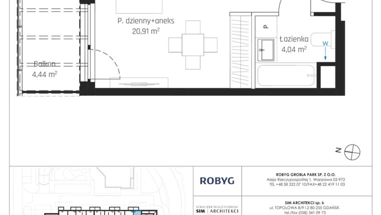 Rzut - Mieszkanie na sprzedaż 1 pokój o powierzchni 25,79 m² - numer I.6M22 w Nadmotławie Apartments etap I