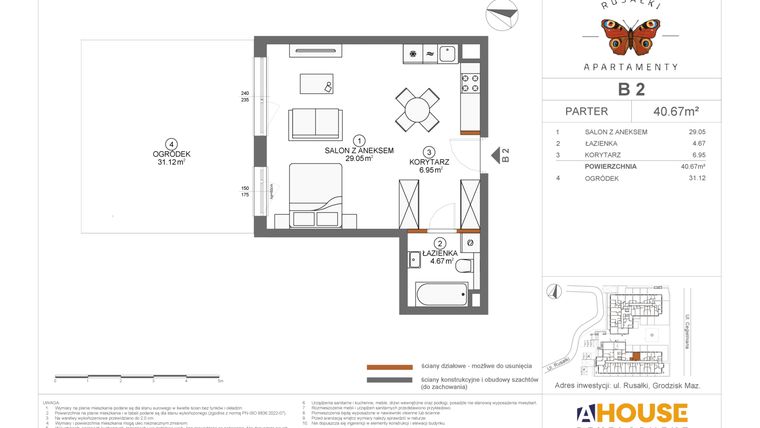 Rzut - Mieszkanie na sprzedaż 1 pokój o powierzchni 40,67 m² - numer B2 w Apartamenty Rusałki