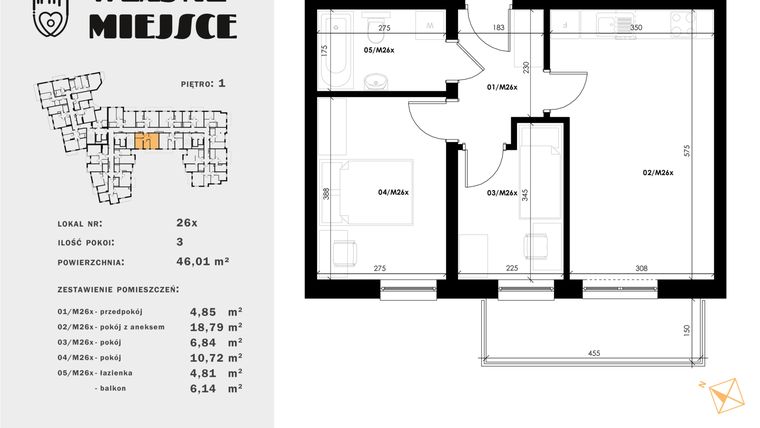 Rzut - Mieszkanie na sprzedaż 3 pokoje o powierzchni 46,01 m² - numer 26x w Własne Miejsce