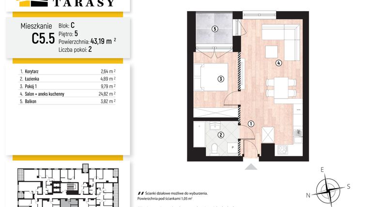 Rzut - Mieszkanie na sprzedaż 2 pokoje o powierzchni 43,19 m² - numer C5.5 w Słoneczne Tarasy II