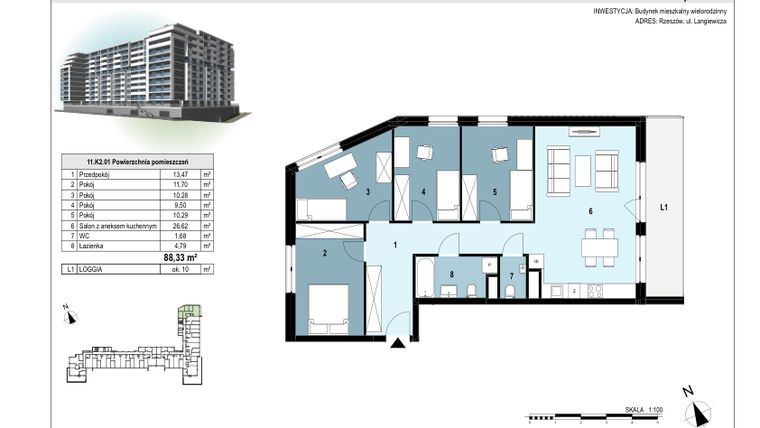 Rzut - Mieszkanie na sprzedaż 5 pokoi o powierzchni 88,3 m² - numer 223 w Langiewicza 37