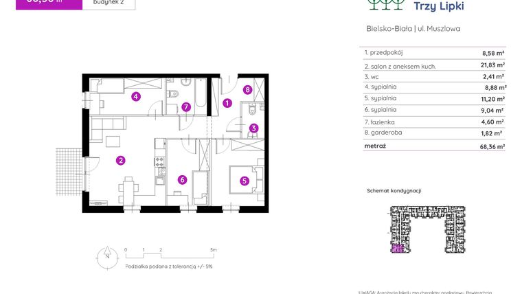 Rzut - Mieszkanie na sprzedaż 4 pokoje o powierzchni 68,45 m² - numer 2.A.0.02 w Murapol Trzy Lipki etap II