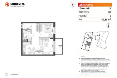 Rzut - Mieszkanie na sprzedaż 2 pokoje o powierzchni 42,85 m² - numer 11 w Leśna Góra