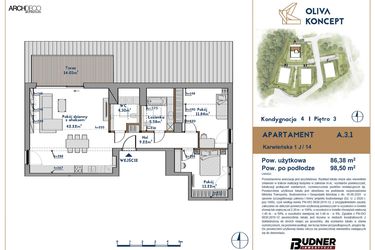 Rzut - Mieszkanie na sprzedaż 3 pokoje o powierzchni 86,38 m² - numer A.3.1 w Oliva Koncept II