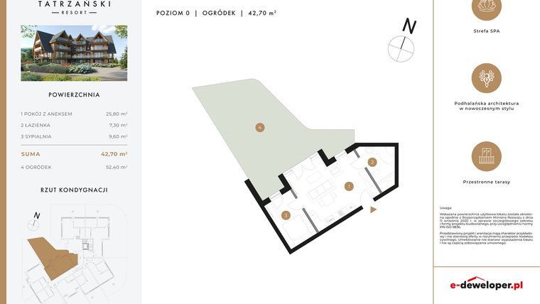 Rzut - Mieszkanie na sprzedaż 2 pokoje o powierzchni 42,7 m² - numer A08 w Tatrzański Resort