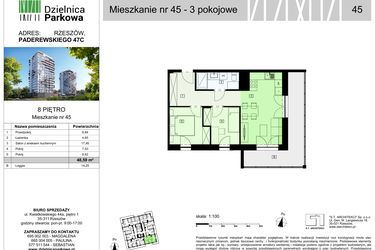 Rzut - Mieszkanie na sprzedaż 3 pokoje o powierzchni 48,59 m² - numer 45/B8 w Dzielnica Parkowa VIII
