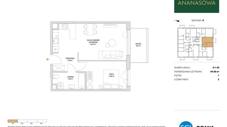 Rzut - Mieszkanie na sprzedaż 2 pokoje o powierzchni 49,08 m² - numer D.1.02 w Ananasowa