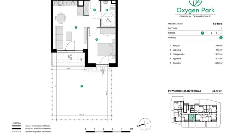 Rzut - Mieszkanie na sprzedaż 2 pokoje o powierzchni 41,57 m² - numer F.0.M04 w Oxygen Park etap III