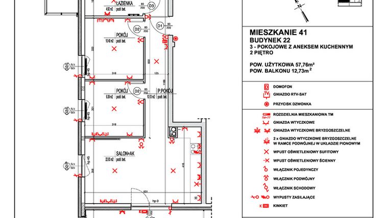 Rzut - Mieszkanie na sprzedaż 3 pokoje o powierzchni 57,76 m² - numer 41 w Osiedle 4 Pory Roku - Etap VIII