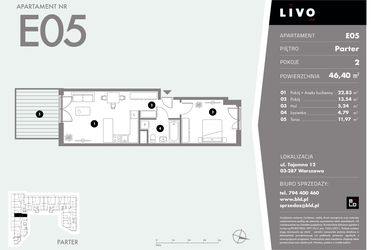 Rzut - Mieszkanie na sprzedaż 2 pokoje o powierzchni 46,4 m² - numer E05 w Livo