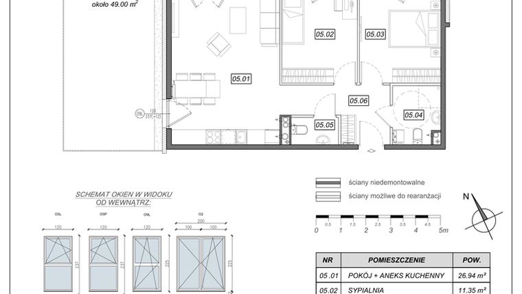 Rzut - Mieszkanie na sprzedaż 3 pokoje o powierzchni 64,56 m² - numer 5.A.05 w Nowe Południe bud. 5