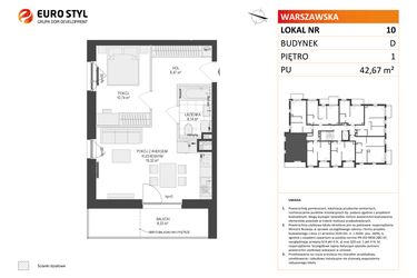 Rzut - Mieszkanie na sprzedaż 2 pokoje o powierzchni 42,67 m² - numer D.10 w Osiedle Warszawska etap II