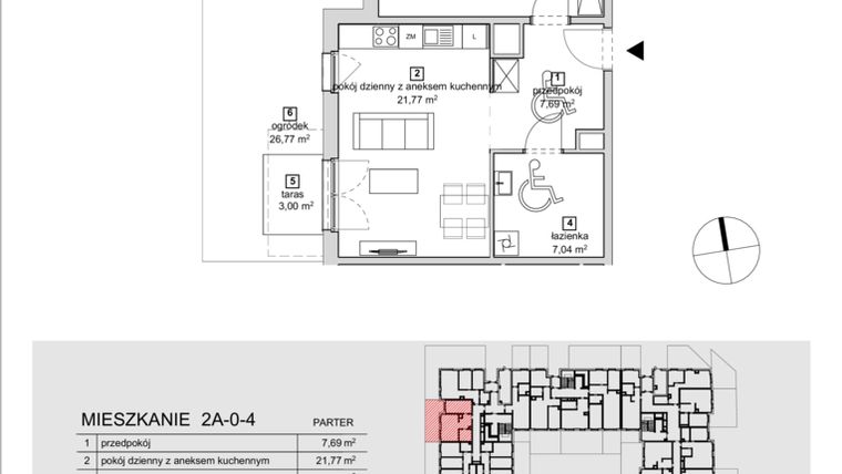 Rzut - Mieszkanie na sprzedaż 2 pokoje o powierzchni 52,38 m² - numer 2A-0-4 w Naramowice Odnova