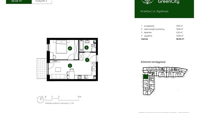 Rzut - Mieszkanie na sprzedaż 2 pokoje o powierzchni 38,58 m² - numer 2.A.0.07 w Murapol GreenCity bud. 2