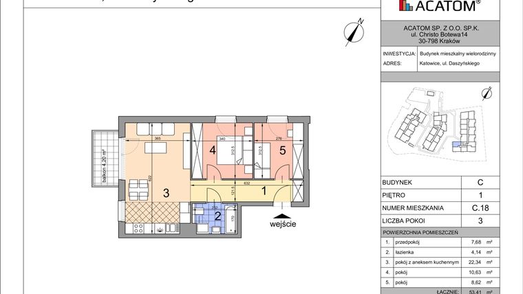 Rzut - Mieszkanie na sprzedaż 3 pokoje o powierzchni 53,31 m² - numer C18 w Daszyńskiego Park