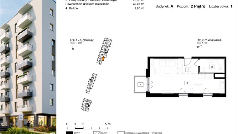 Rzut - Mieszkanie na sprzedaż 1 pokój o powierzchni 39,08 m² - numer A.19 w Osiedle Kochanowskiego - Gliwice