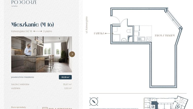 Rzut - Mieszkanie na sprzedaż 1 pokój o powierzchni 39,2 m² - numer M.16 w Stare Podgórze