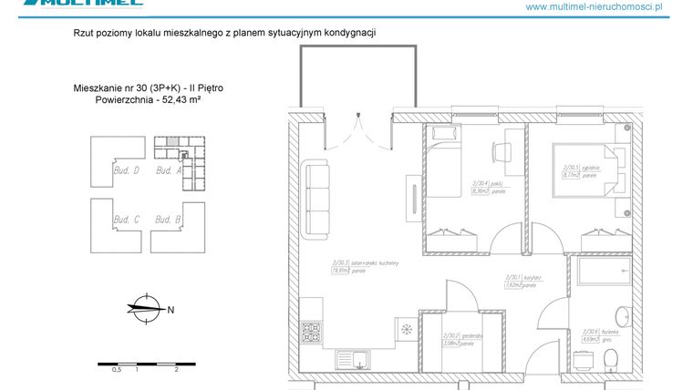 Rzut - Mieszkanie na sprzedaż 3 pokoje o powierzchni 52,43 m² - numer 30A w Dominów Rynek