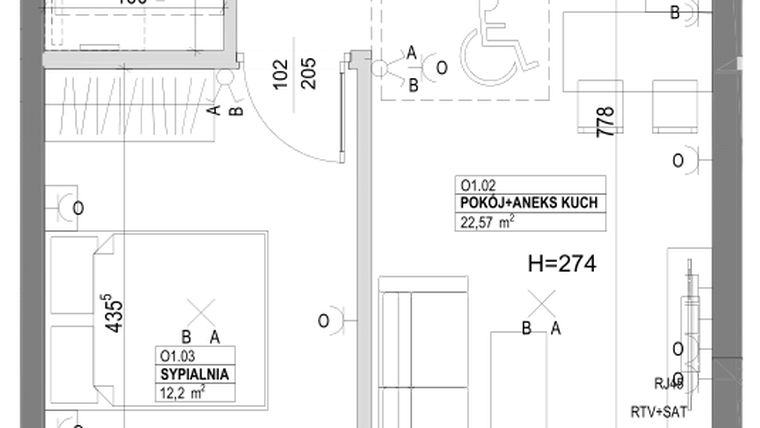 Rzut - Mieszkanie na sprzedaż 2 pokoje o powierzchni 45,23 m² - numer O1 w Miasto Ogród 6 - OSLO i SZTOKHOLM