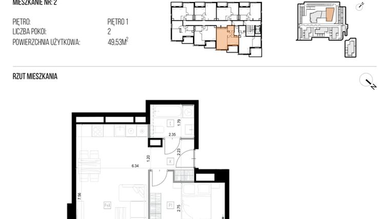 Rzut - Mieszkanie na sprzedaż 2 pokoje o powierzchni 49,53 m² - numer 22K/02 w NATURAMA II