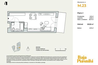 Rzut - Mieszkanie na sprzedaż 1 pokój o powierzchni 29,92 m² - numer M23 w Baja Piaśniki