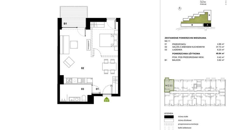 Rzut - Mieszkanie na sprzedaż 1 pokój o powierzchni 49,26 m² - numer A.2.11 w Kozielska Park