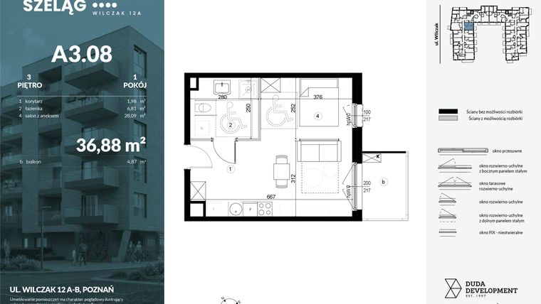 Rzut - Mieszkanie na sprzedaż 1 pokój o powierzchni 36,88 m² - numer A3.08 w Dobry Szeląg