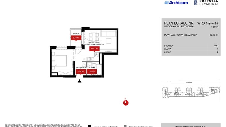 Rzut - Mieszkanie na sprzedaż 1 pokój o powierzchni 35,93 m² - numer WR3 1/2/7/1a w Przystań Reymonta etap II