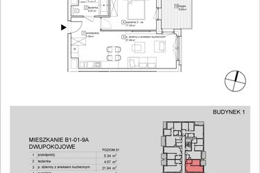 Rzut - Mieszkanie na sprzedaż 2 pokoje o powierzchni 43,09 m² - numer B1-01-9A w Francuska Park IX