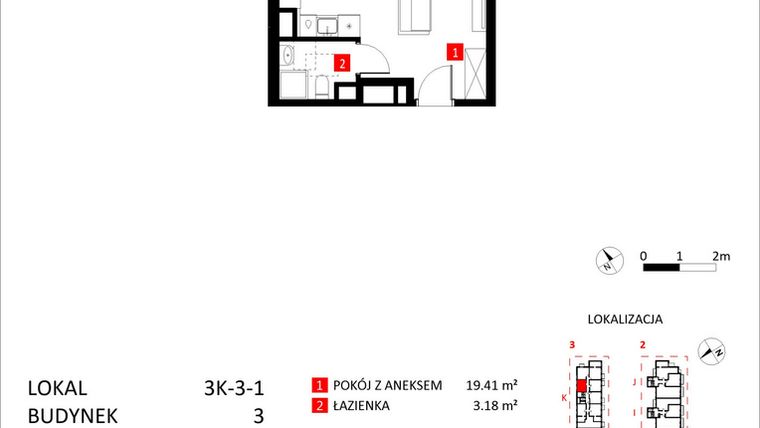 Rzut - Mieszkanie na sprzedaż 1 pokój o powierzchni 23,07 m² - numer 3K-3-1 w Apartamenty Jeździecka