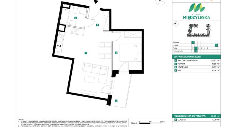 Rzut - Mieszkanie na sprzedaż 2 pokoje o powierzchni 43,73 m² - numer 196 w Osiedle Międzyleska - etap II