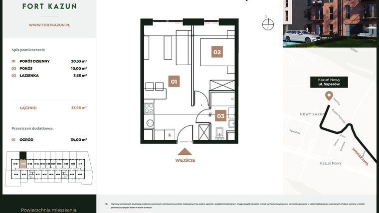 Rzut - Mieszkanie na sprzedaż 2 pokoje o powierzchni 33,98 m² - numer M2 w Fort Kazuń