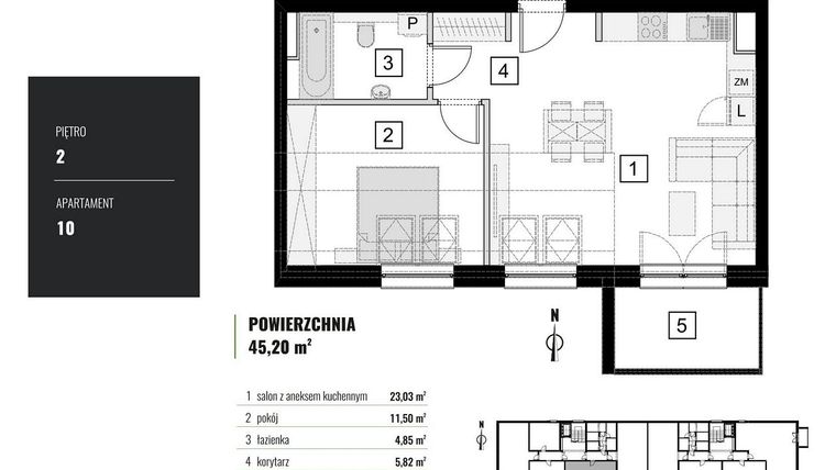 Rzut - Mieszkanie na sprzedaż 2 pokoje o powierzchni 45,2 m² - numer M.10 w Zielony Horyzont II