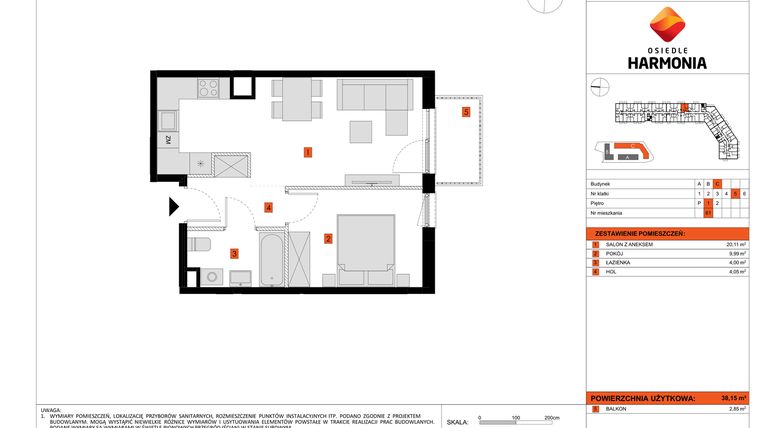 Rzut - Mieszkanie na sprzedaż 2 pokoje o powierzchni 38,15 m² - numer C.61 w Osiedle Harmonia