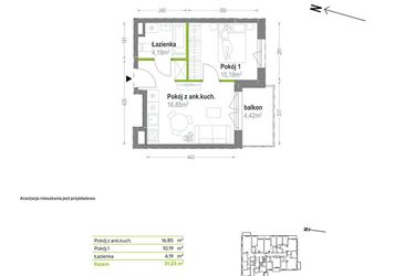 Rzut - Mieszkanie na sprzedaż 2 pokoje o powierzchni 31,23 m² - numer B.A.1.02 w Głębocka Vita