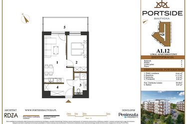 Rzut - Mieszkanie na sprzedaż 2 pokoje o powierzchni 39,48 m² - numer A1.12 w Portside Bałtycka