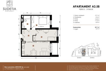 Rzut - Mieszkanie na sprzedaż 3 pokoje o powierzchni 55,71 m² - numer A 3.58 w Apartamenty Sudetia