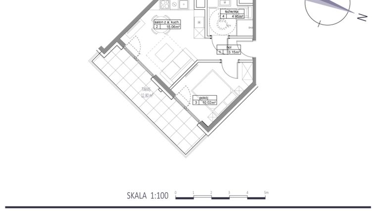 Rzut - Mieszkanie na sprzedaż 2 pokoje o powierzchni 33,18 m² - numer E1 w Apartamenty na Klifie bud. D, E i F