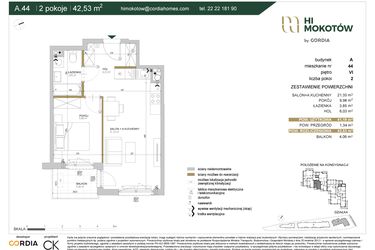 Rzut - Mieszkanie na sprzedaż 2 pokoje o powierzchni 41,15 m² - numer A1.A.44 w Hi Mokotów