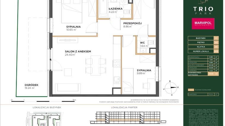 Rzut - Mieszkanie na sprzedaż 3 pokoje o powierzchni 59,66 m² - numer C005 w Trio Park bud. C