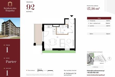 Rzut - Mieszkanie na sprzedaż 1 pokój o powierzchni 27,36 m² - numer 1.M92 w Krakowska Rogatka