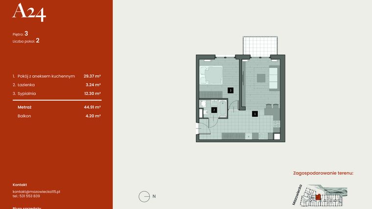 Rzut - Mieszkanie na sprzedaż 2 pokoje o powierzchni 44,91 m² - numer A24 w Mazowiecka 115