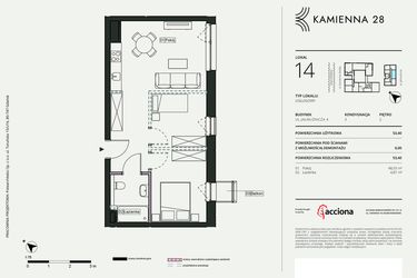 Rzut - Mieszkanie na sprzedaż 1 pokój o powierzchni 53,4 m² - numer 4.14 w Kamienna 28 - apartamenty inwestycyjne
