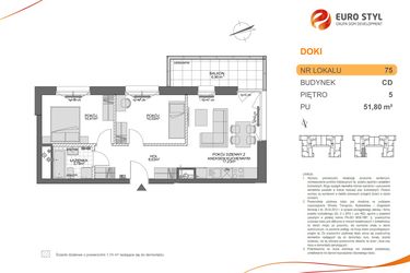 Rzut - Mieszkanie na sprzedaż 3 pokoje o powierzchni 51,8 m² - numer CD.75 w DOKI