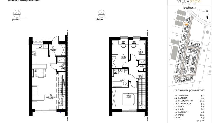 Rzut - Dom na sprzedaż 4 pokoje o powierzchni 71,55 m² - numer B1 w Villa Stoki (domy)