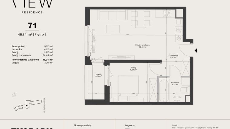 Rzut - Mieszkanie na sprzedaż 2 pokoje o powierzchni 45,34 m² - numer 71 w The View