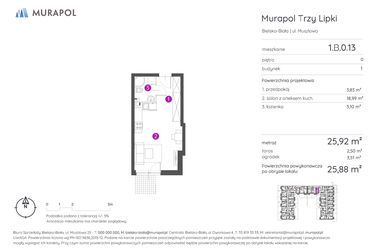 Rzut - Mieszkanie na sprzedaż 1 pokój o powierzchni 25,88 m² - numer 1.B.0.13 w Murapol Trzy Lipki