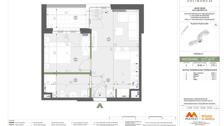 Rzut - Mieszkanie na sprzedaż 2 pokoje o powierzchni 38,82 m² - numer F2.C.04.03 w Sady Żoliborz II